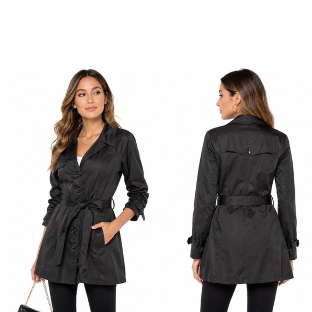 Xside Black Belted Trench Coat Button Up‎ Lightweight Jacket S Preppy Chic 75-17